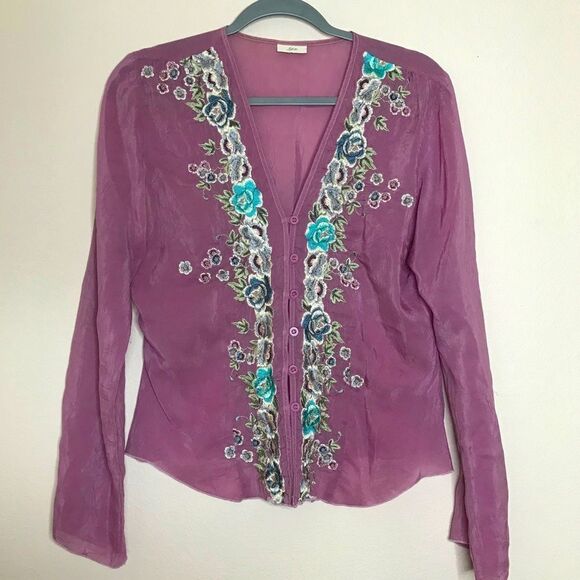 J. Jill Tops - J Jill silk purple floral embroidered blouse‎